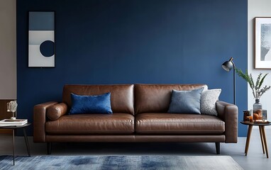 Brown leather sofa in modern living room with blue wall, side tables, and decor.