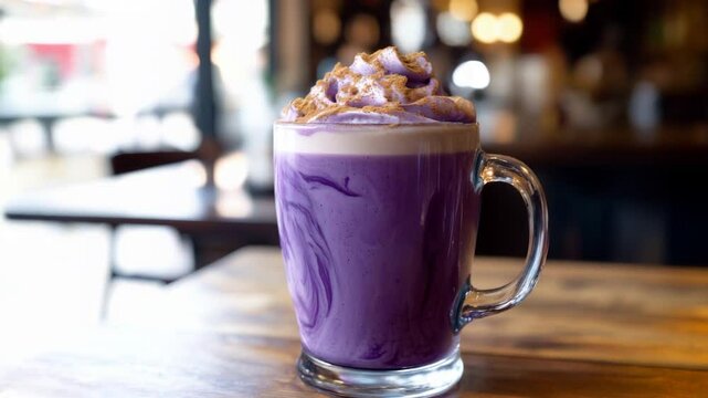 Purple ube latte with creamy swirls and an indulgent topping, offering a delicious treat in an inviting coffee shop setting. Video made using Generative AI