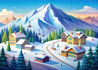 Snowy Mountain Ski Resort Cartoon Flat Design