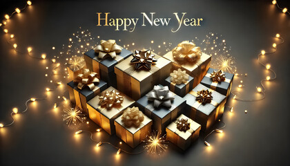 A stylish arrangement of gold and silver gift boxes with glowing fairy lights, &ldquo;Happy New Year&rdquo; in sleek golden typography.
