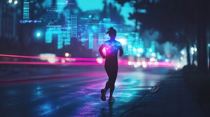 Woman running at night with futuristic data overlay.