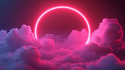 Vibrant pink sunset surrounded by fluffy clouds in dreamy sky