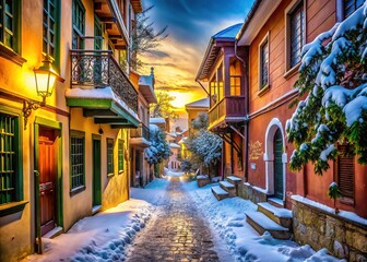 Fototapeta premium Surreal Winter Thessaloniki Greece, Snow-Covered Buildings, Dreamlike Landscape