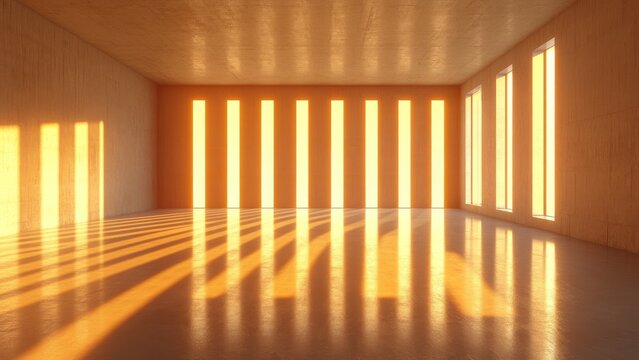 Sunlight illuminates empty room with warm golden hues in afternoon