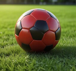 Fototapeta premium Close-up of red soccer ball on green grass field, background, big ball