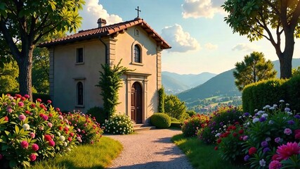 Naklejka premium Tuscan Chapel, Dreamy Landscape, Serene Atmosphere, AI Art, 04 Additional, Deep Perspective