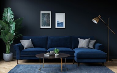 Modern navy blue velvet sectional sofa in dark living room with gold accents.