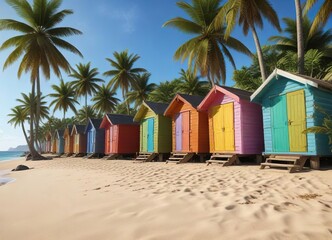 Obraz premium Colorful beach huts on a palm-fringed tropical shore, exotic, tropical