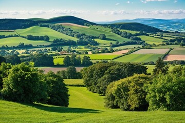Breathtaking Green Landscape View Overlooking Vibrant Hills and Productive Farmland