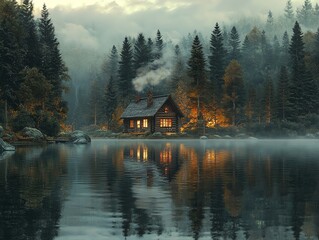 Fototapeta premium A serene lakeside cabin surrounded by tall trees and misty mountains at dusk.