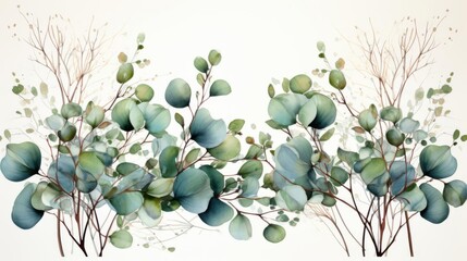 A painting of a bunch of green leaves with a white background