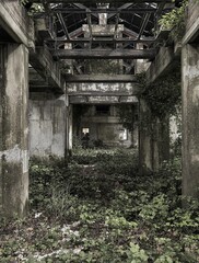 Fototapeta premium Grizzled concrete foundation of a forgotten building, concrete foundation, urban exploration, industrial backdrop, neglect, crumbling walls