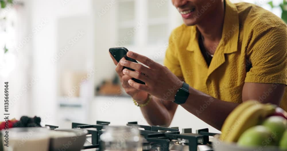 Poster kitchen, hands and man with smile on smartphone for social media, text notification and post at home