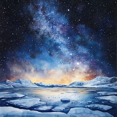 Stunning night sky over an icy landscape with stars and galaxies visible.
