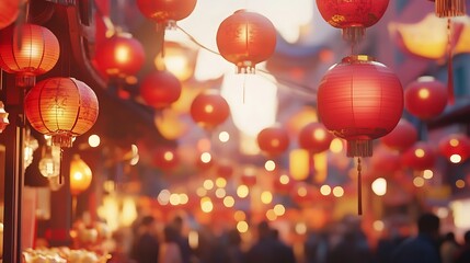 A close-up shot of vibrant red lanterns hanging above a bustling street market filled with vendors selling traditional Chinese New Year foods such as dumplings, spring rolls, and tangyuan