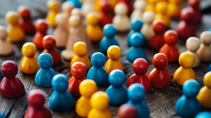 Colorful wooden figures scattered on a wooden surface creating an abstract background with vibrant hues and a playful arrangement of toys or game pieces