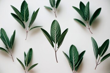 Obraz premium Floating Green Sage Leaves on Soft White Background with Depth of Field Effects