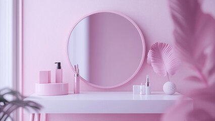 Stylish pink vanity setup with mirror and cosmetics on display