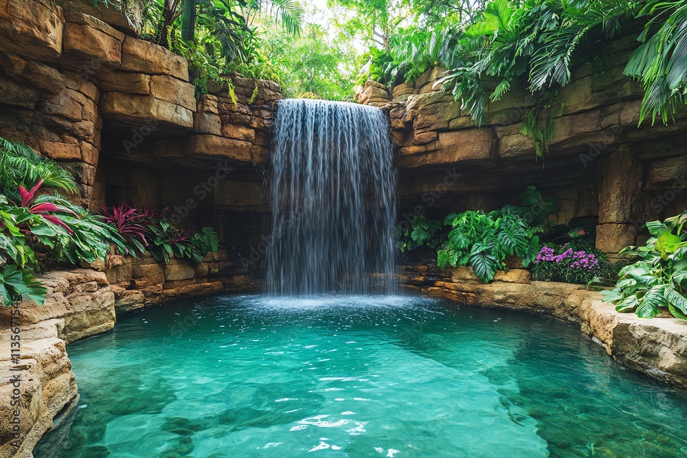 Aufkleber a serene waterfall cascading into a tranquil pool surrounded by lush greenery.