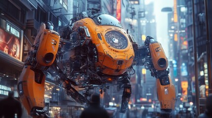 Fototapeta premium A robot is flying in the sky above a city