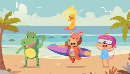 Vector cartoon illustration of kids playing on the beach with crocodile and bear.