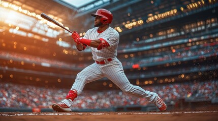 Baseball player hitting home run at outdoor stadium