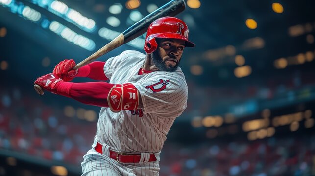 Baseball player hitting home run at outdoor stadium - Powered by Adobe