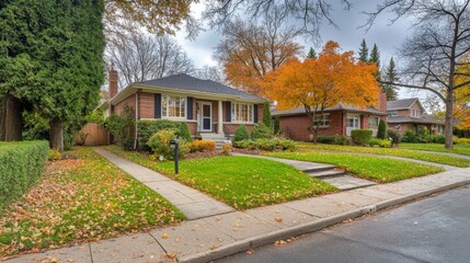 Fototapeta premium A charming suburban home surrounded by autumn foliage and well-maintained gardens.