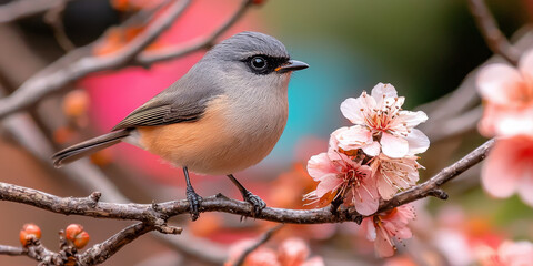 Obraz premium Beautiful Bird on Branch with Blossoming Flowers