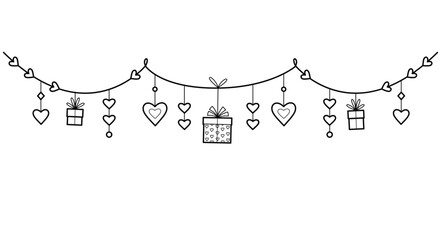 Romantic garland with hearts and gifts. Decorations for Valentine's day.  Outline frame for invitation card, celebration and holidays. 