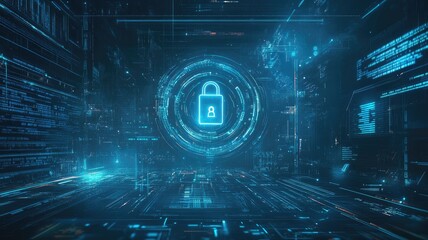 illuminated padlock in front of blue digital data streams.The background features tech and cyber imagery, generative ai
