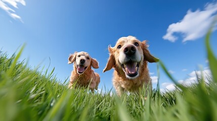 Joyful dogs running wild and leaping through lush grass a vibrant outdoor setting