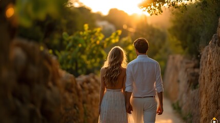 A couple walks hand in hand along a vineyard path, surrounded by lush grapevines as the sun sets. The booking website layout showcases vineyard tours and romantic experiences available.