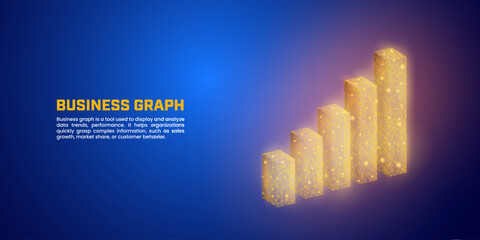 Business graph chart in glowing low poly style on dark blue background, abstract orange bar chart suitable for presentation of economic, marketing, financial and income analysis data.