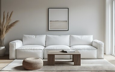 Minimalist living room with white sofa, wooden coffee table, and pampas grass.