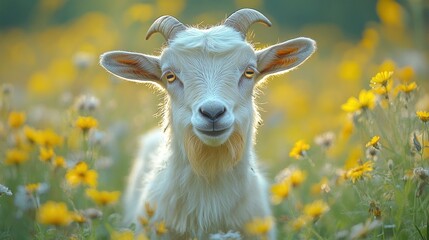 Naklejka premium A goat stands in a field of yellow flowers, exuding a calm and cheerful demeanor.