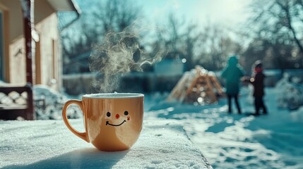 charming chibi snowman in a bright yellow mug &ndash; perfect poster for kids' winter playroom, capturing the joy of snow forts and vibrant winter days!