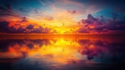 Fototapeta premium A vibrant sunset over calm waters, reflecting vivid colors and dramatic clouds.