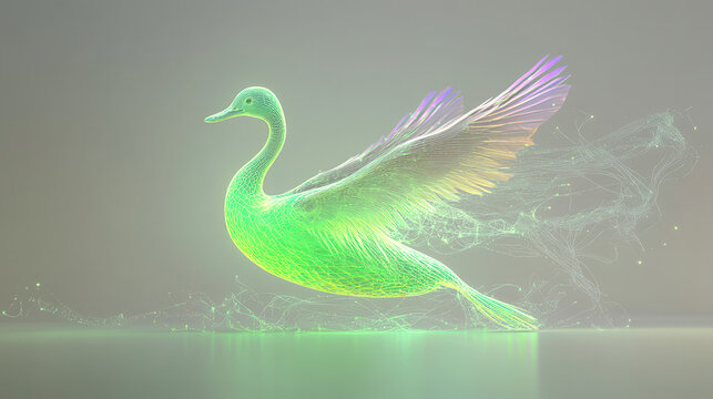 A surreal interpretation of a neon green and lavender duck, frozen in an elegant leap with wings outstretched, glowing softly under imagined bioluminescent effects. The pure white backdrop ensures the - Powered by Adobe
