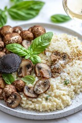 Fototapeta premium Risotto with mushrooms, Parmesan cheese, Basil and truffle on a white plate, next to a glass of wine , isolated on white background, , copy space, copy space for text,