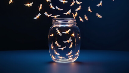 &ldquo;Glass Jar with Fireflies on Solid Background&rdquo; &ndash; A transparent glass jar containing glowing fireflies, placed on a solid navy-blue background, representing magic and nostalgia.
