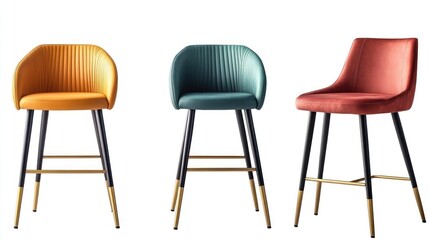 Three stylish velvet bar stools in mustard, teal, and red.