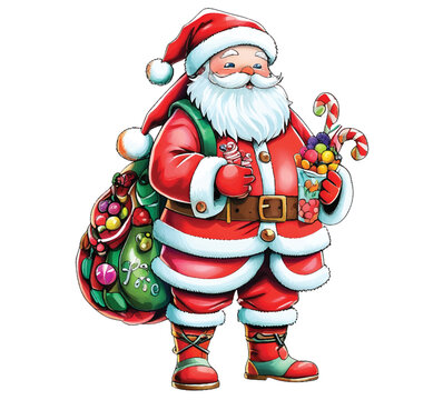 Watercolor Cute santa claus with candies and gift illustration