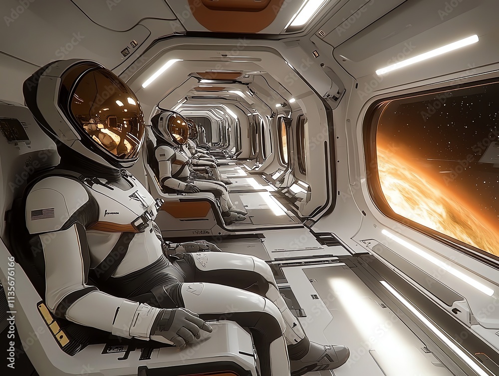 Poster two astronauts seated in a futuristic spacecraft, gazing out at a celestial body.
