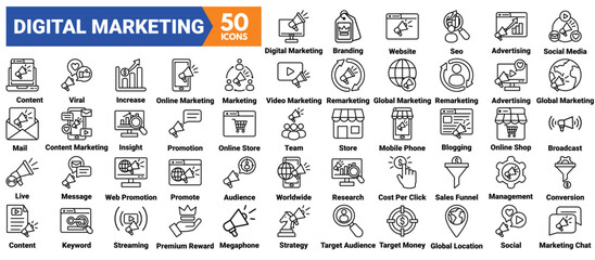 Digital Marketing icon set vector illustration concept with icon of worldwide, increase, feedback, header, seo, audience, live, mail, social media, diagram, research, marketing, analysis, team, media