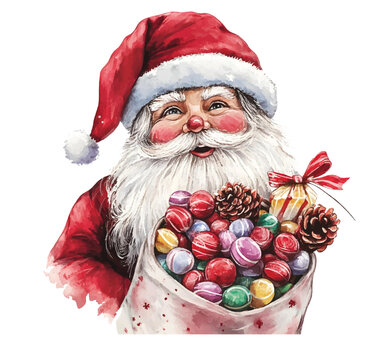 Watercolor Cute santa claus with candies illustration