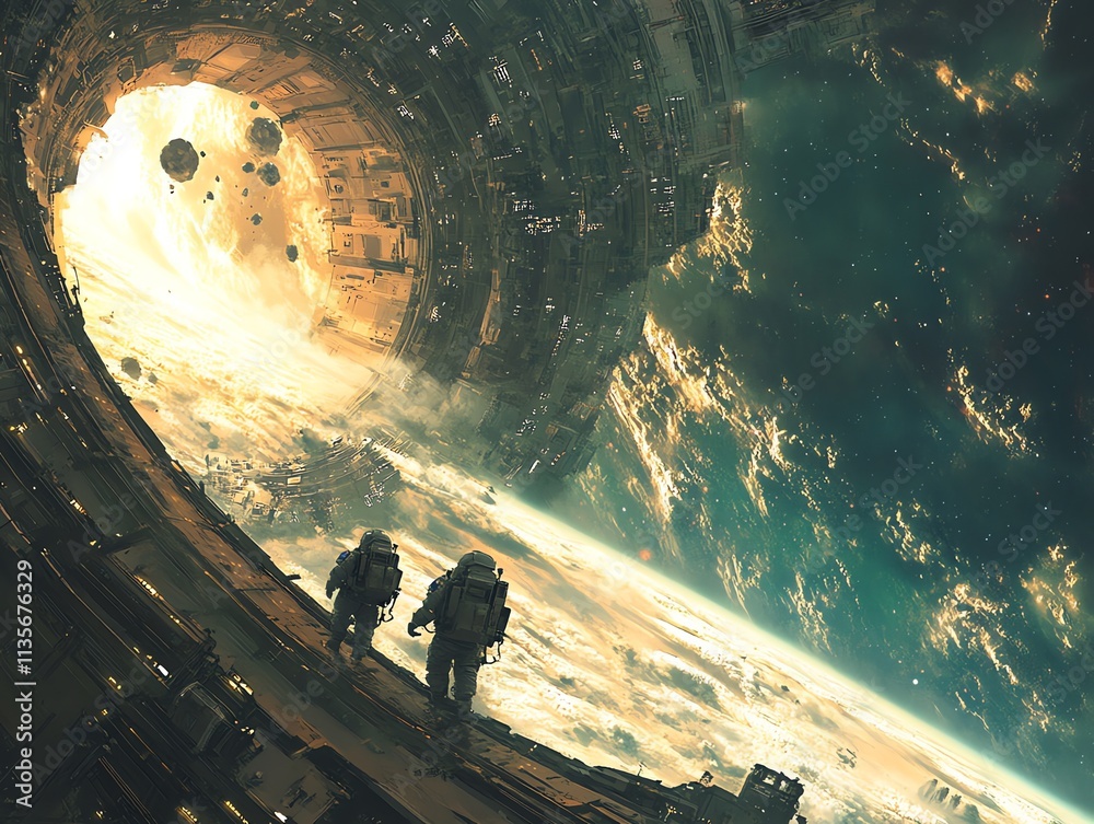 Poster two astronauts explore a futuristic space structure against a cosmic backdrop.