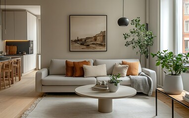 Obraz premium Modern living room interior with light beige sofa, coffee table, plants, and artwork.