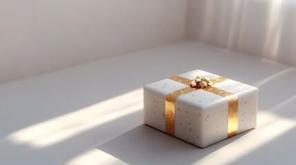 A beautifully wrapped gift box with a golden ribbon, placed on a simple surface.