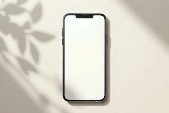 Mobile phone with blank screen mock up on a neutral beige linen background with aesthetic floral sunlight shadows. Flat lay, top view